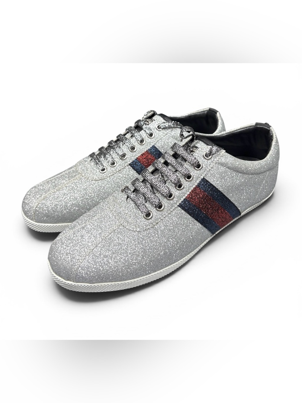 Gucci Bambi Metallic Silver Sparkle Glitter Stud Web Sneakers Size Men’s 46